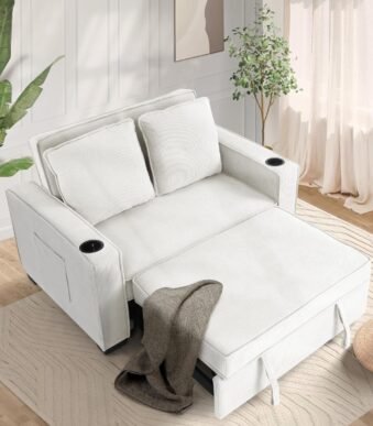 SEJOV Sleeper Sofa, 3-in-1 Convertible Pull Out Couch Bed Futon Sofa, Linen Fabric Loveseat with 2 Pillows - Corduroy-off-white