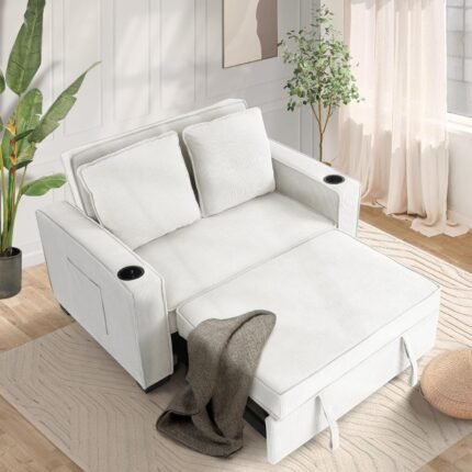 SEJOV Sleeper Sofa, 3-in-1 Convertible Pull Out Couch Bed Futon Sofa, Linen Fabric Loveseat with 2 Pillows - Corduroy-off-white