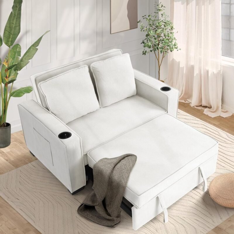 SEJOV Sleeper Sofa, 3-in-1 Convertible Pull Out Couch Bed Futon Sofa, Linen Fabric Loveseat with 2 Pillows - Corduroy-off-white
