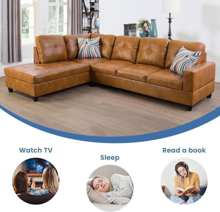 L-Shaped Sectional Sofa Set 5-Seat Luxurious Faux Leather Couches for Living Room, Left Facing Chaise with Pillows