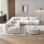 Modular Sectional L Shaped Sofa Couch with Beige Cloud Teddy Fabric and Curved Ear Armrest